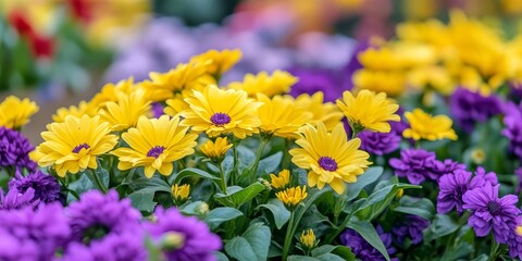Obraz premium Vibrant yellow and purple flower plants bloom beautifully in the spring season, showcasing the stunning colors of yellow and purple flowers that brighten the landscape during spring.