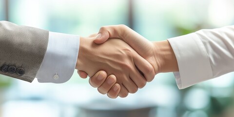 Business couple engaging in a handshake within the office, symbolizing a successful negotiation for teamwork in business mergers, acquisitions, and celebrating the partnership through a strong
