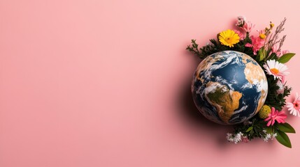Earth Surrounded by Colorful Flowers on a Pink Background, Symbolizing Environmental Awareness, Nature Conservation, and Global Responsibility for a Greener Future