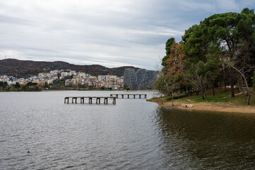 Autumn colors of trees at the artifical lake and park of Tirana, Albania