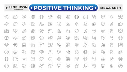 positive thinking outlines icon set. Psychology and mental line icons collection. Big UI icon set in a flat design. It contains self-care, optimism, love. Editable stroke outline icon.