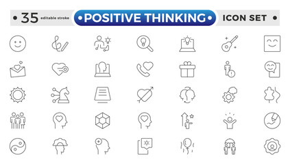 positive thinking outlines icon set. Psychology and mental line icons collection. Big UI icon set in a flat design. It contains self-care, optimism, love. Editable stroke outline icon.