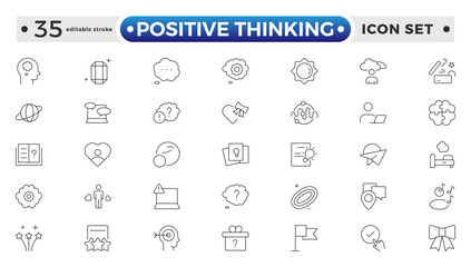 positive thinking outlines icon set. Psychology and mental line icons collection. Big UI icon set in a flat design. It contains self-care, optimism, love. Editable stroke outline icon.