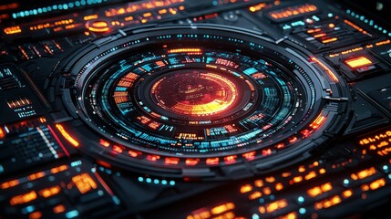 A futuristic digital dashboard with vibrant neon lights and intricate patterns, showcasing a sci-fi design and advanced technology.
