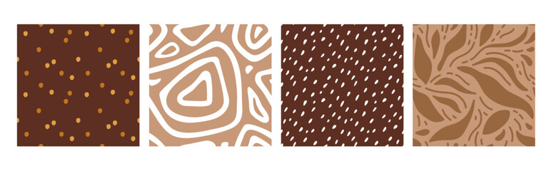 Abstract geometrical seamless pattern set in color of 2025 year Mocha Mousse. Freehand textured, Various shapes background For wallpaper, wrapping, textile. Set of four prints in soft brown colors