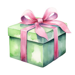 Obraz premium Watercolor Painting Of A Green Gift Box With Pink Ribbon