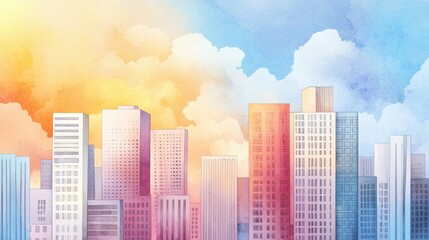 Obraz premium A vibrant watercolor cityscape illustration with colorful buildings, bustling streets