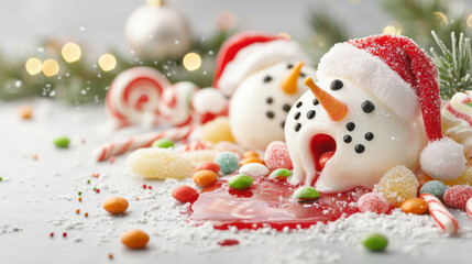Fototapeta premium Food waste after Christmas holidays concept. melting snowmen crafted from desserts and candy, surrounded by colorful sweets and festive decorations.
