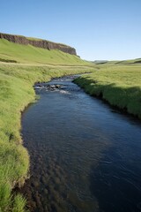 A peaceful river meanders through vibrant green grasslands, framed by gentle hills and a clear blue sky, offering a tranquil view of nature's beauty