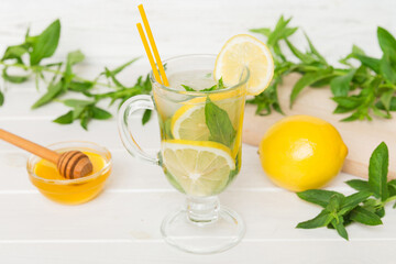 Mojito cocktail. Refreshing mojito cocktail with lime, lemon and mint in a tall glass with a stick