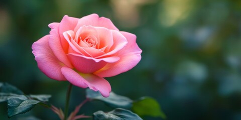 Delicate pink rose showcasing vibrant petals against a softly blurred green nature background, highlighting the beauty of the pink rose in a serene setting.