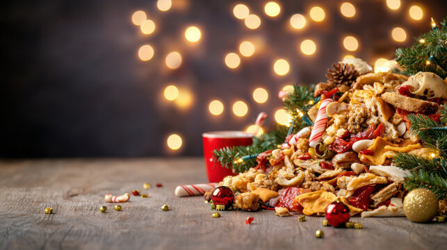 Food waste after Christmas holidays concept. Pile of Holiday Leftovers with Festive Decor.