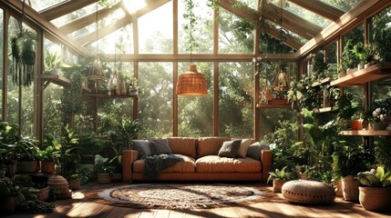 Fototapeta premium Sunlit conservatory with leather sofa, plants, and wooden shelves.
