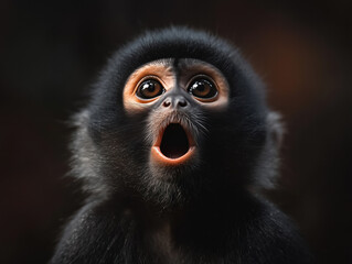 Astonished Monkey Stares in Awe with Its Mouth Agape, Capturing a Moment of Pure Surprise and...