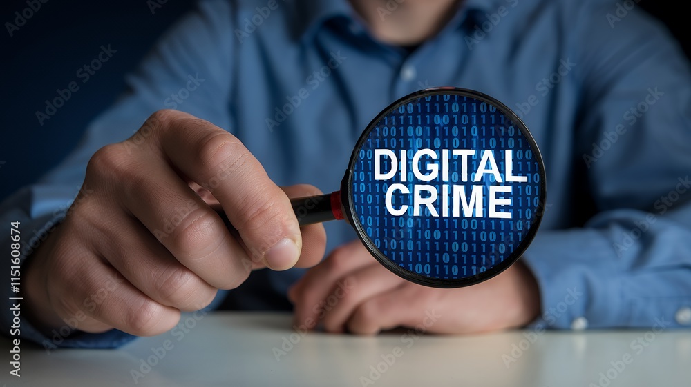 Poster Businessman Analyzing Digital Crime with Magnifying Glass and Binary Code