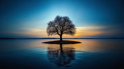 Majestic Lone Tree on Island Surrounded by Calm Water Under Vibrant Sunset Sky with Soft Clouds Reflecting in Tranquil Lake