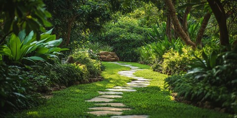 Fototapeta premium Winding pathway adorned with vibrant, lush greenery all around, creating a picturesque and tranquil atmosphere in the environment.
