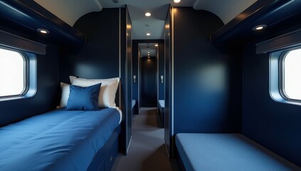 Fototapeta premium Dual blue train cabin setup with modern minimalist design and comfortable beds, perfect for futuristic travel ads.