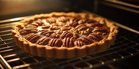 Pecan tart crust bakes in the oven with the door ajar, showcasing the delicious pecan tart crust in warm lighting, highlighting its golden color and enticing aroma.