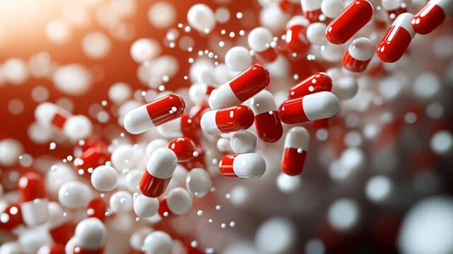 Dynamic close-up of red and white capsules floating amidst a blurred background, symbolizing healthcare, pharmaceuticals, and medicine.