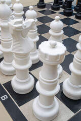A white chess set with black and white squares