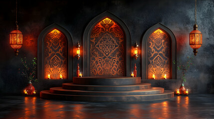 A beautifully lit decorative backdrop with arches and lanterns, ideal for cultural events.