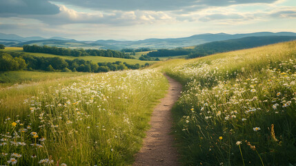 Obraz premium Serene Summer Landscape: A Path Through Wildflowers