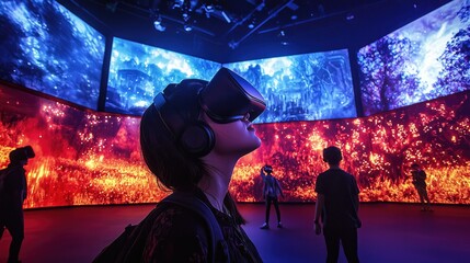 A person experiences virtual reality in an immersive environment with vibrant, colorful displays.