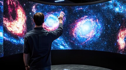 Consumer Electronics Show concept. A person interacts with a large, immersive display of galaxies and cosmic visuals, showcasing advanced technology in a futuristic environment.