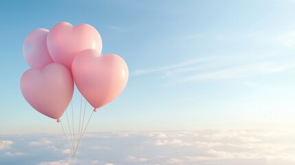 Fototapeta premium Vibrant heart-shaped balloons floating in a serene sky high-resolution image dreamy atmosphere