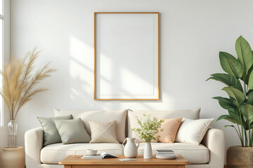Interior design of spring living room interior with mock up poster frame, beige sofa, wooden coffee table. Front view.