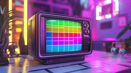 Retro Vibes: A Vintage Television Set Illuminates a Neon-Lit Room, Capturing the Essence of Nostalgia and 80s Aesthetics