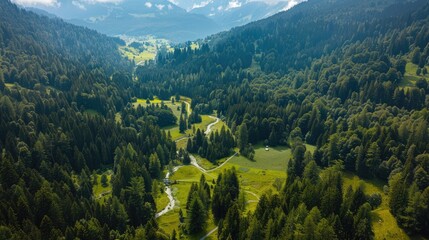 A stunning aerial view of the Swiss National Park, with its dense forests, alpine meadows, and winding rivers