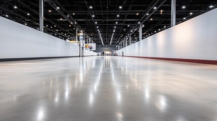 Consumer Electronics Show concept. A spacious, well-lit corridor featuring polished concrete flooring and stark white walls, creating a modern, industrial atmosphere.