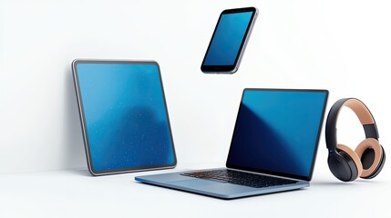 Consumer Electronics Show concept. A modern workspace featuring a laptop, tablet, smartphone, and headphones with a minimalist design and blue screens.
