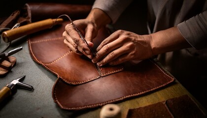 Fototapeta premium Leather goods evolve through careful crafting. 