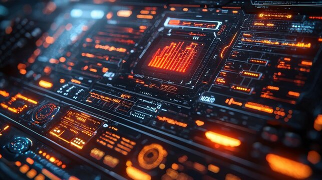 A high-tech cyber dashboard with glowing orange and red interfaces, displaying data metrics and digital controls in a neon-lit environment.