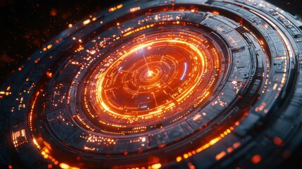 A detailed futuristic circular interface showcasing glowing orange and blue lights, representing advanced technology and digital control.