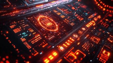 A futuristic dashboard featuring glowing orange and blue digital elements. This sci-fi control panel showcases a complex interface with a neon aesthetic.