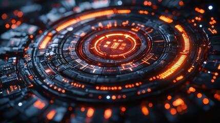 A close-up view of a high-tech, detailed digital interface with glowing orange lights, creating a futuristic and sci-fi atmosphere.