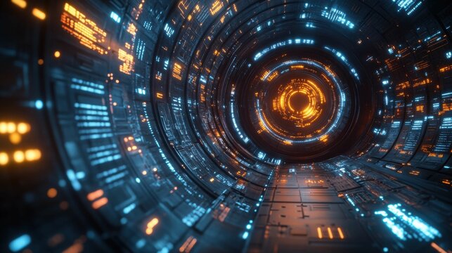A mesmerizing view of a futuristic tunnel featuring bright blue and orange lights, resembling a digital interface or cyber world.