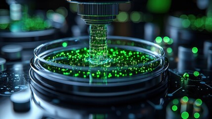 A high-tech laboratory scene featuring a microscope extracting glowing green data from a petri dish filled with luminous particles.