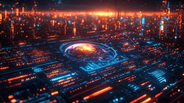 A vibrant futuristic digital interface showcasing a circular holographic display with a glowing globe against a backdrop of a cyber city at sunset.