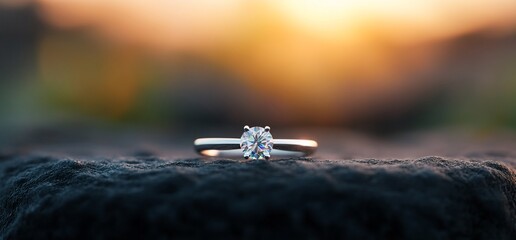 A sparkling engagement ring on a rocky surface at sunset.