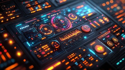 A close-up of a high-tech control panel featuring vibrant neon lights and digital interfaces, embodying a futuristic aesthetic.
