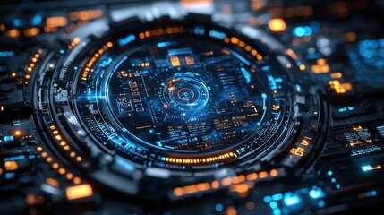 A futuristic control panel featuring vibrant blue and orange neon lights, representing a digital dashboard interface with intricate tech designs.