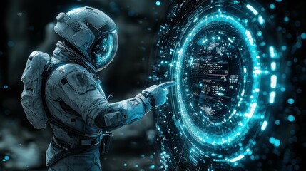 An astronaut, dressed in a space suit with a visor reflective of digital elements, interacts with a glowing control panel in a dark, cosmic environment.