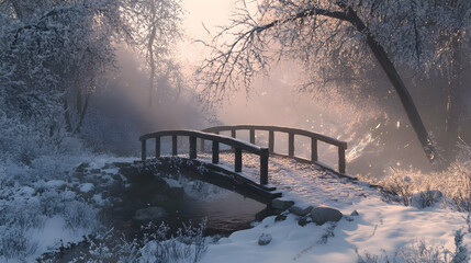 Winter Wonderland: A Snowy Bridge in a Misty Forest