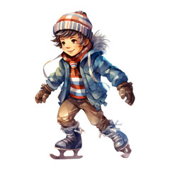 A digitally drawn illustration of a happy young boy ice skating while wearing warm winter clothing.