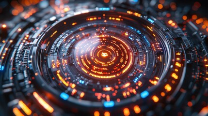 A mesmerizing close-up of a futuristic digital interface with intricate patterns of glowing orange and blue lights, showcasing advanced technology elements.